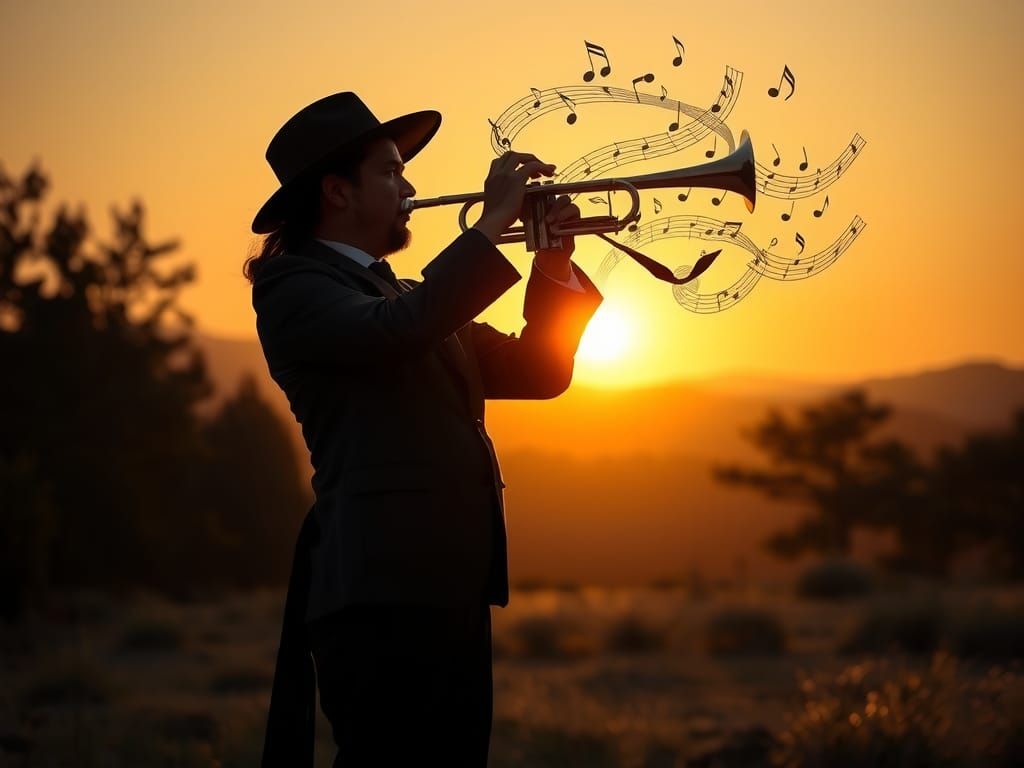 Golden Hour Trumpet Player in a Surreal Landscape