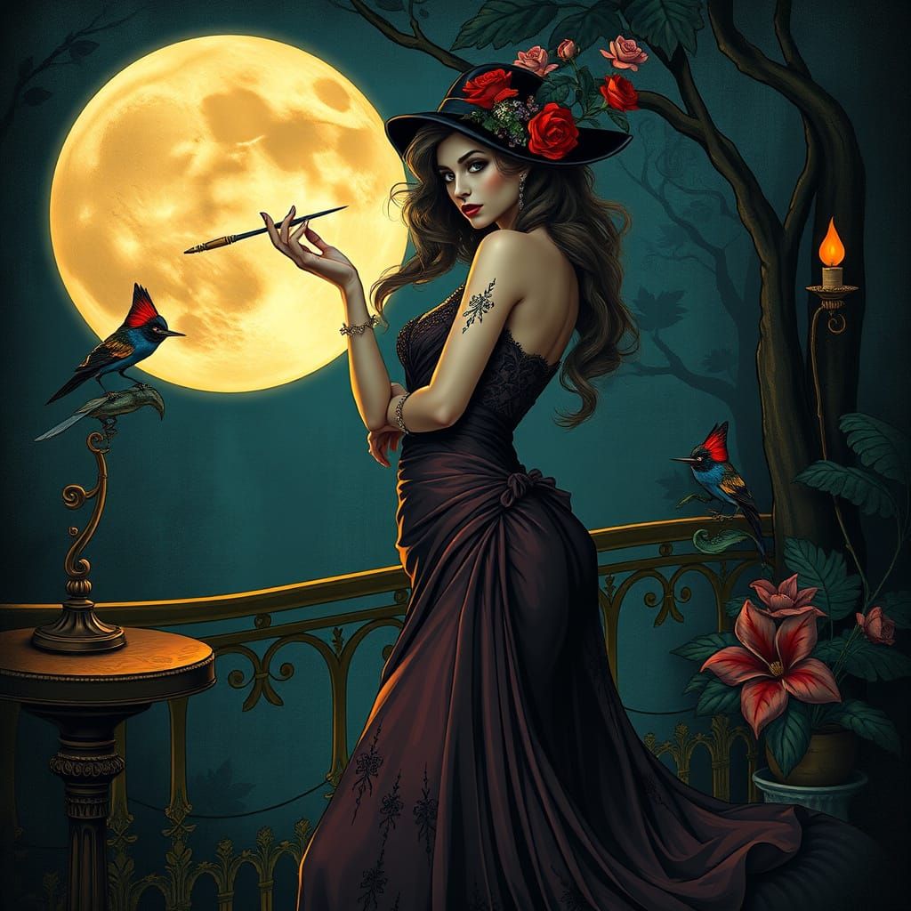 Elegant Woman in Moonlit Setting, Art Nouveau Style
