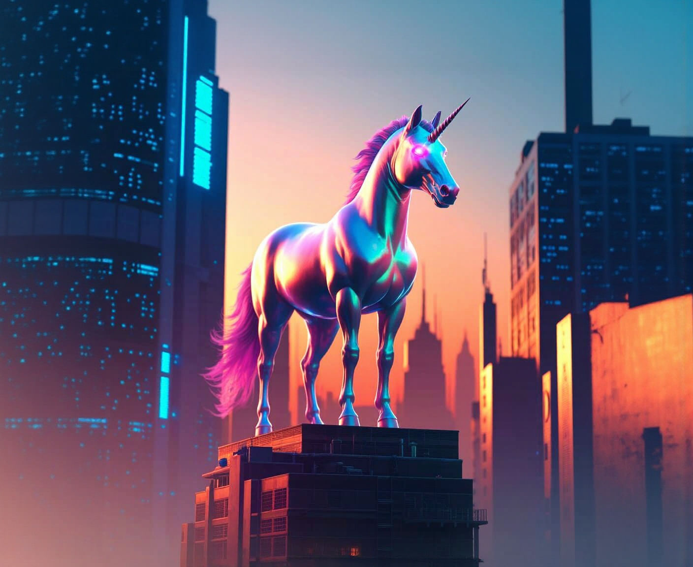 Cyberpunk Unicorn Over Neon Cityscape