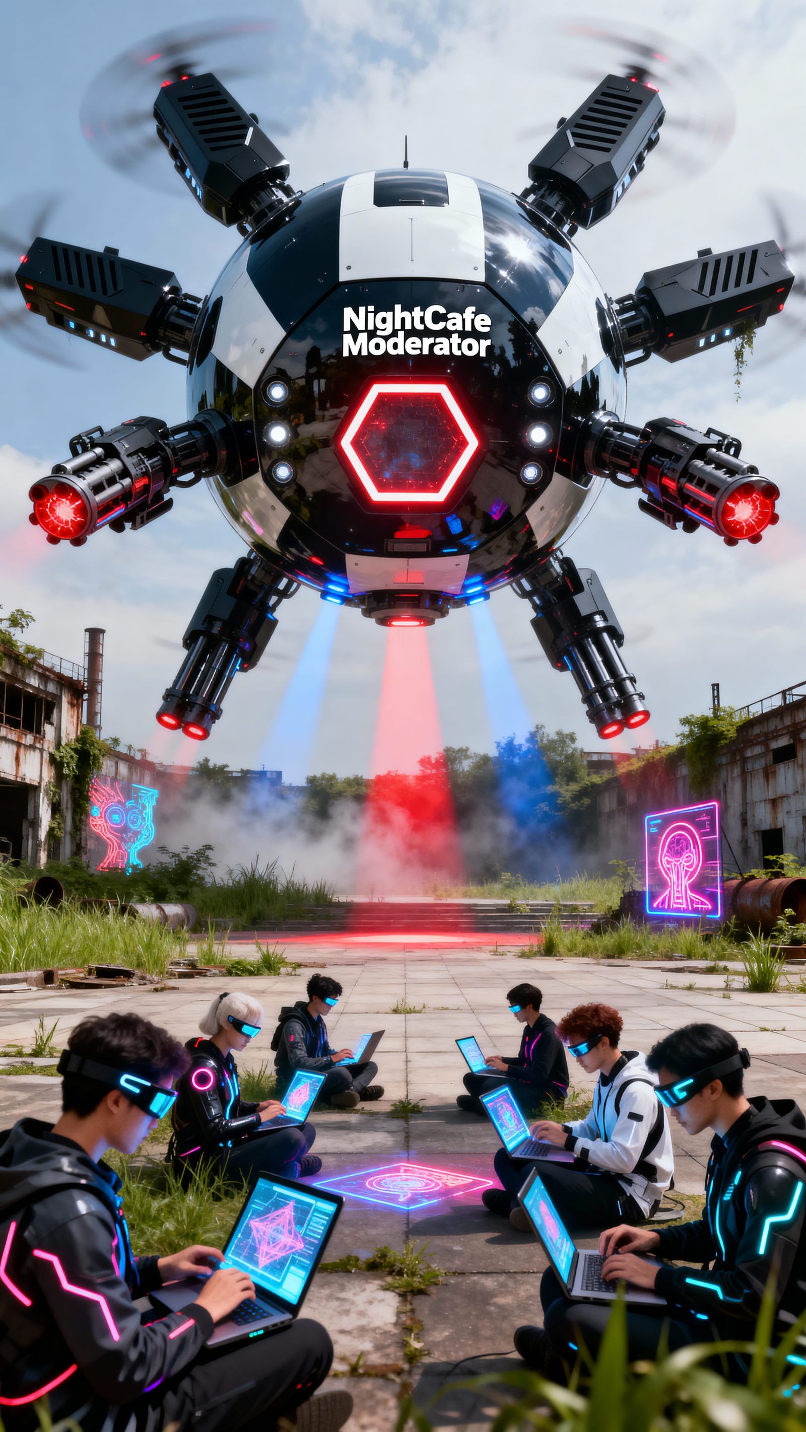 Colossal Moderator Drone Over Futuristic Creative Plaza