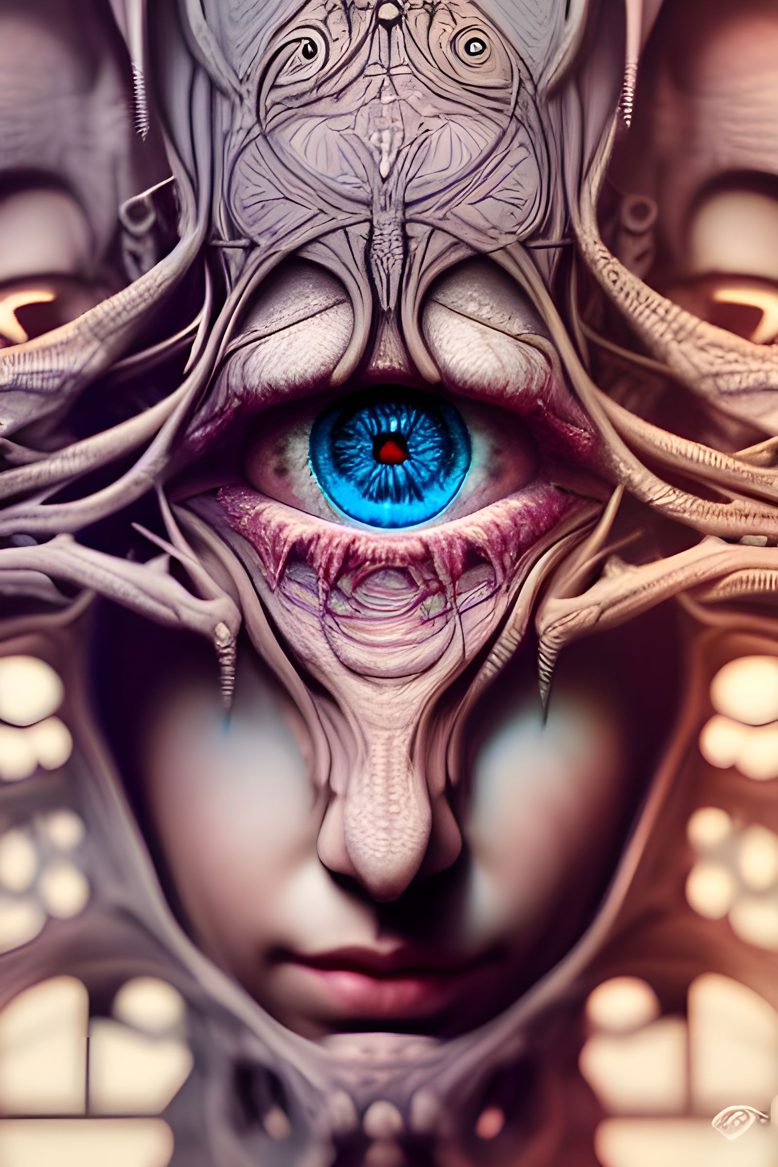Intricate Biomechanical Eye: Digital Art in Soft Colors