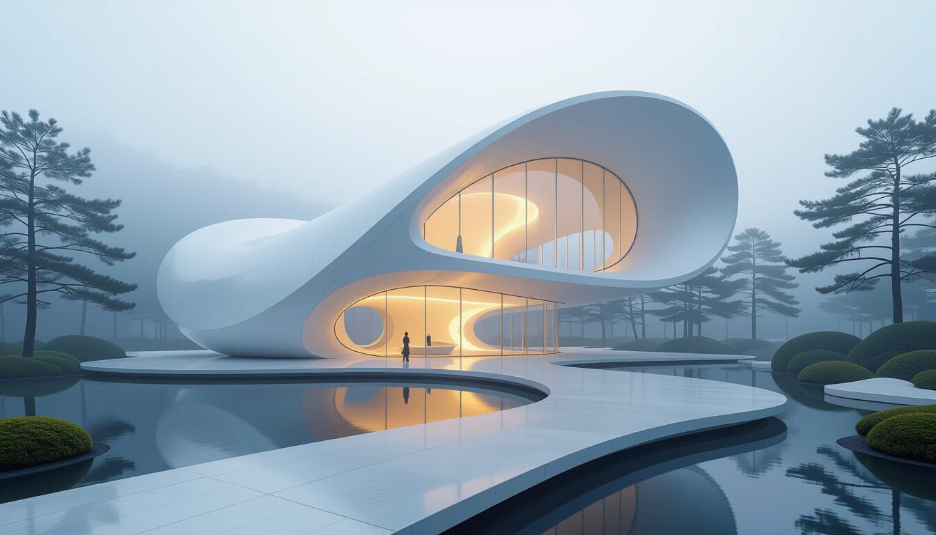 Parametric Art Museum in Fog, Disney Concept Art Style