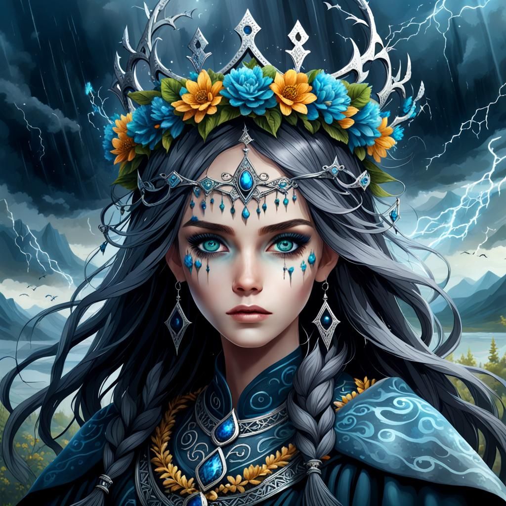 Sorceress in Storm with Runes, Hyperrealistic Digital Art