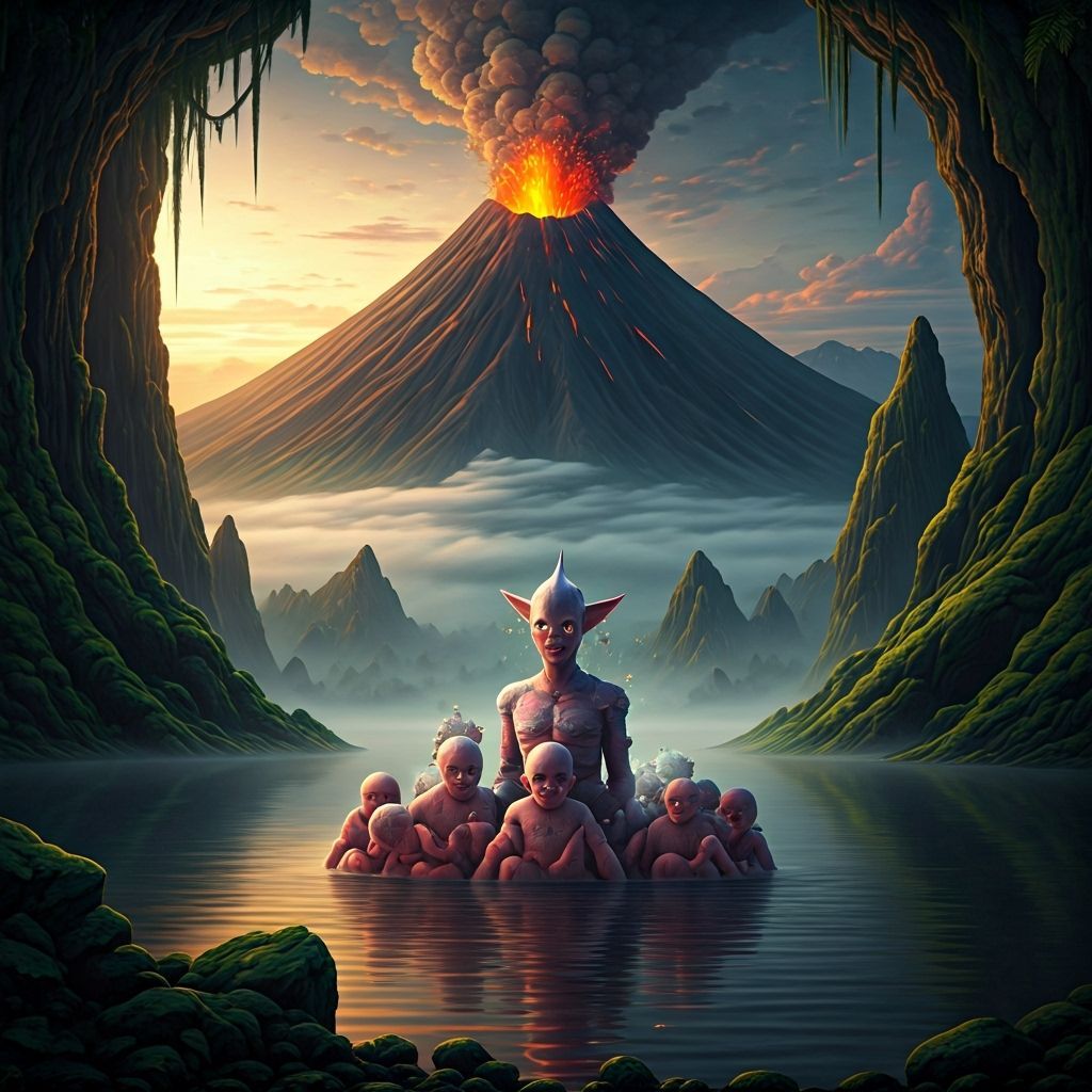 King and Babies by Jungle Lake with Volcano