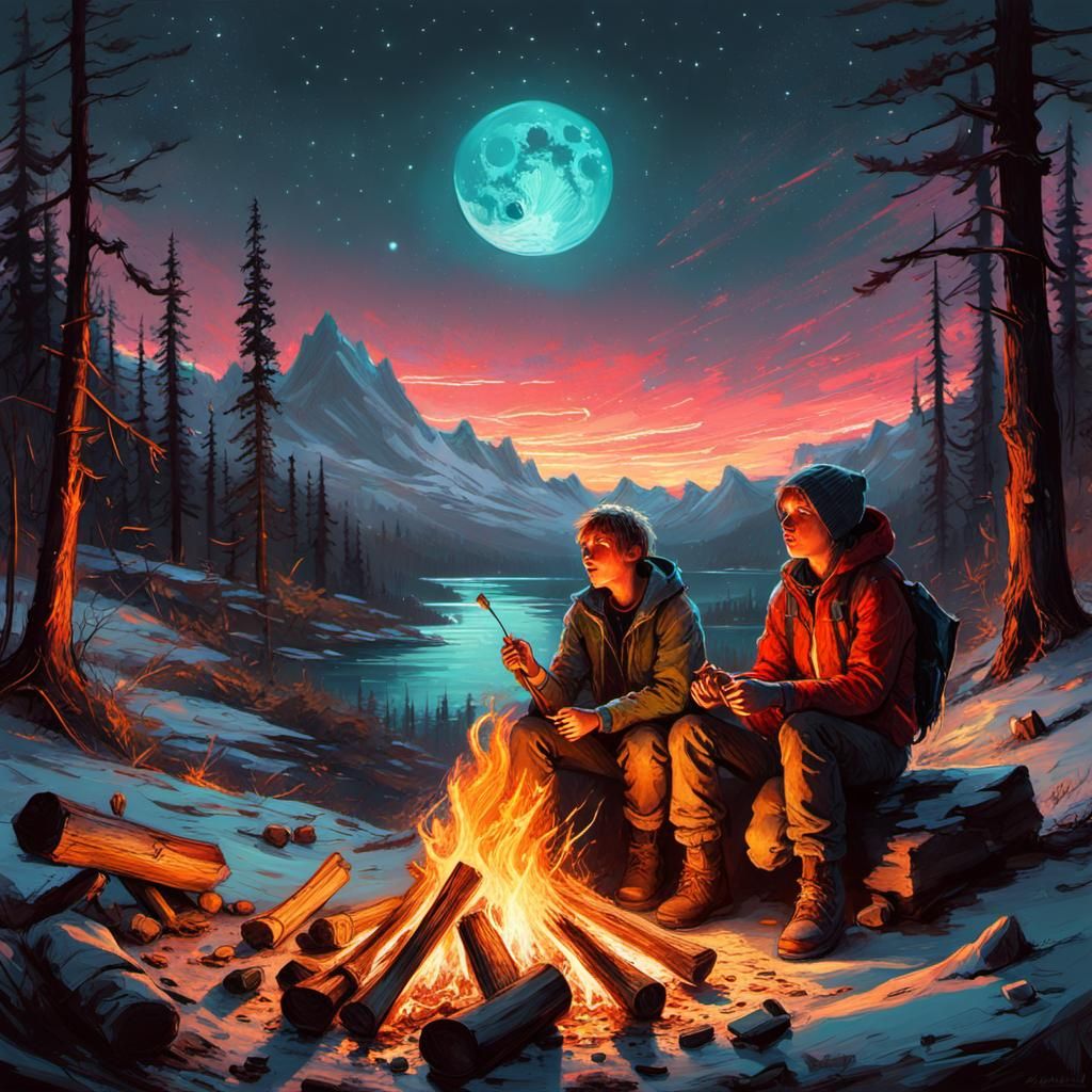 Children Roasting Marshmallows by Campfire, Digital Art