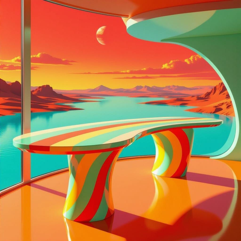 Retro Mars Table Overlooking Lake in Red Sunset