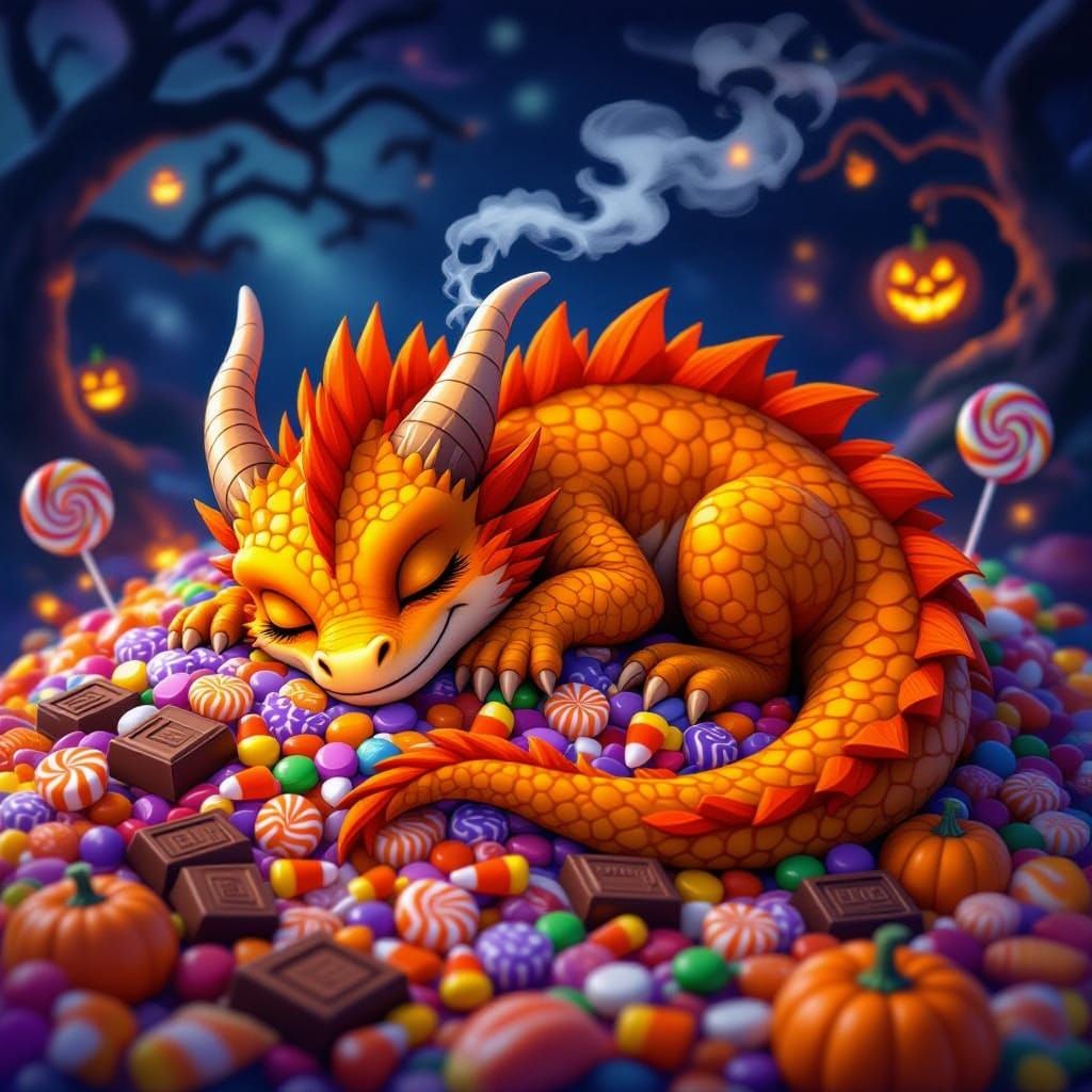 Pumpkin Dragon Sleeps on Candy Hoard