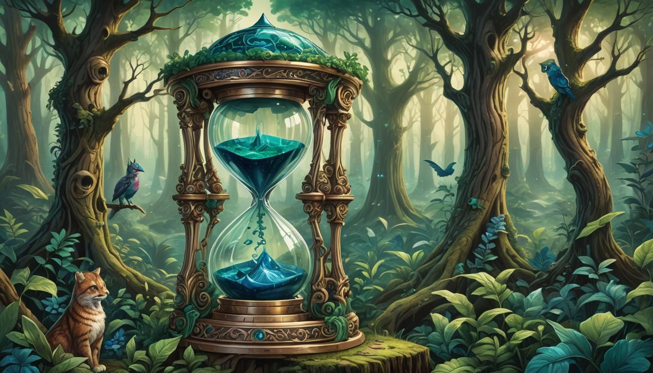 Enchanted Forest: Hourglass and Mystical Creatures