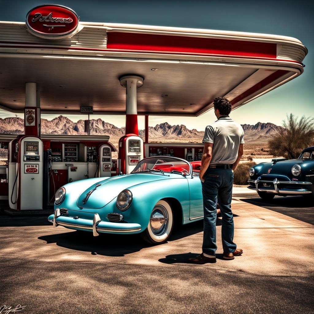 1950s Vegas Gas Station with Porsche Speedster