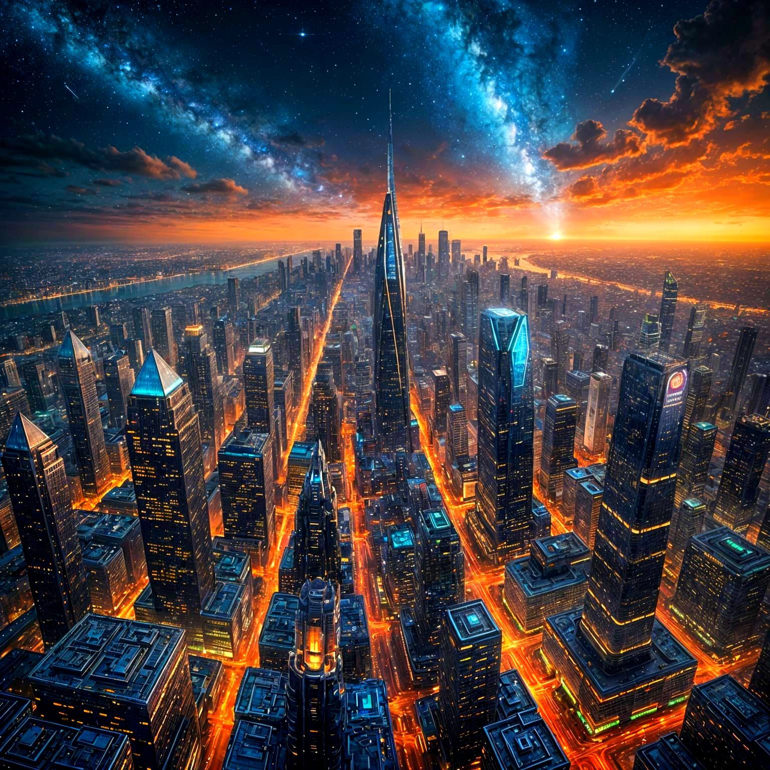Glowing Celestial Titan Rises Above Futuristic Cityscape in...
