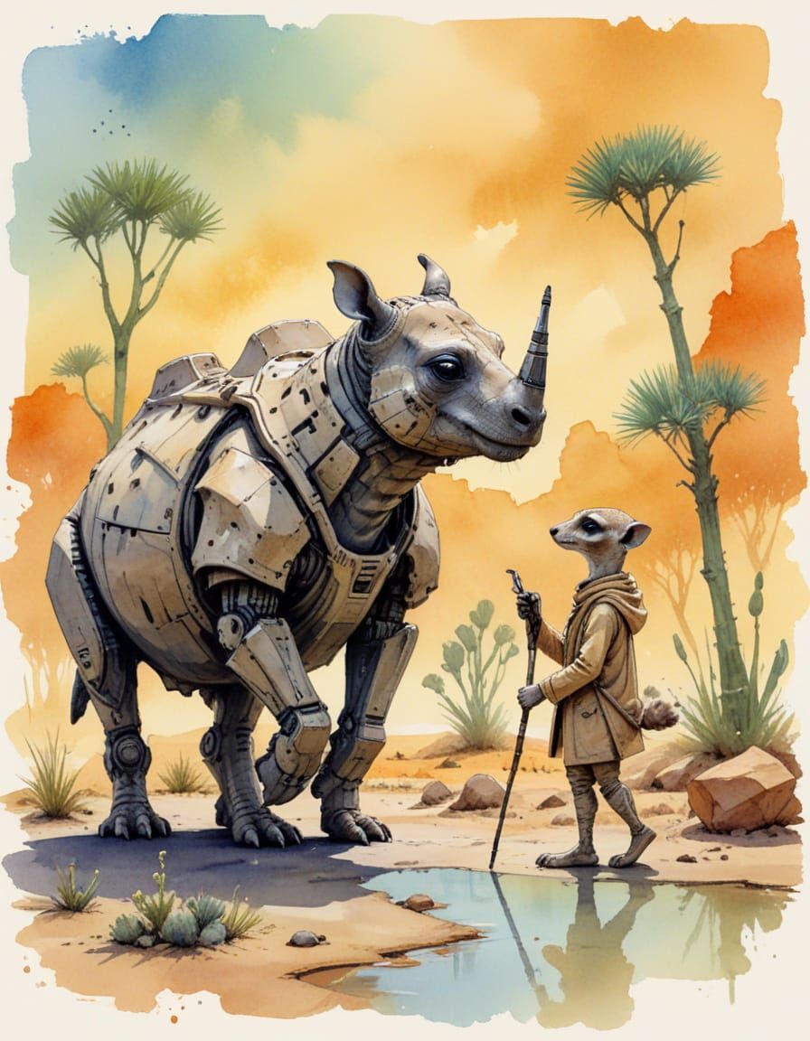 Cyborg Rhino & Meerkat Friends Near Oasis Sketch Art