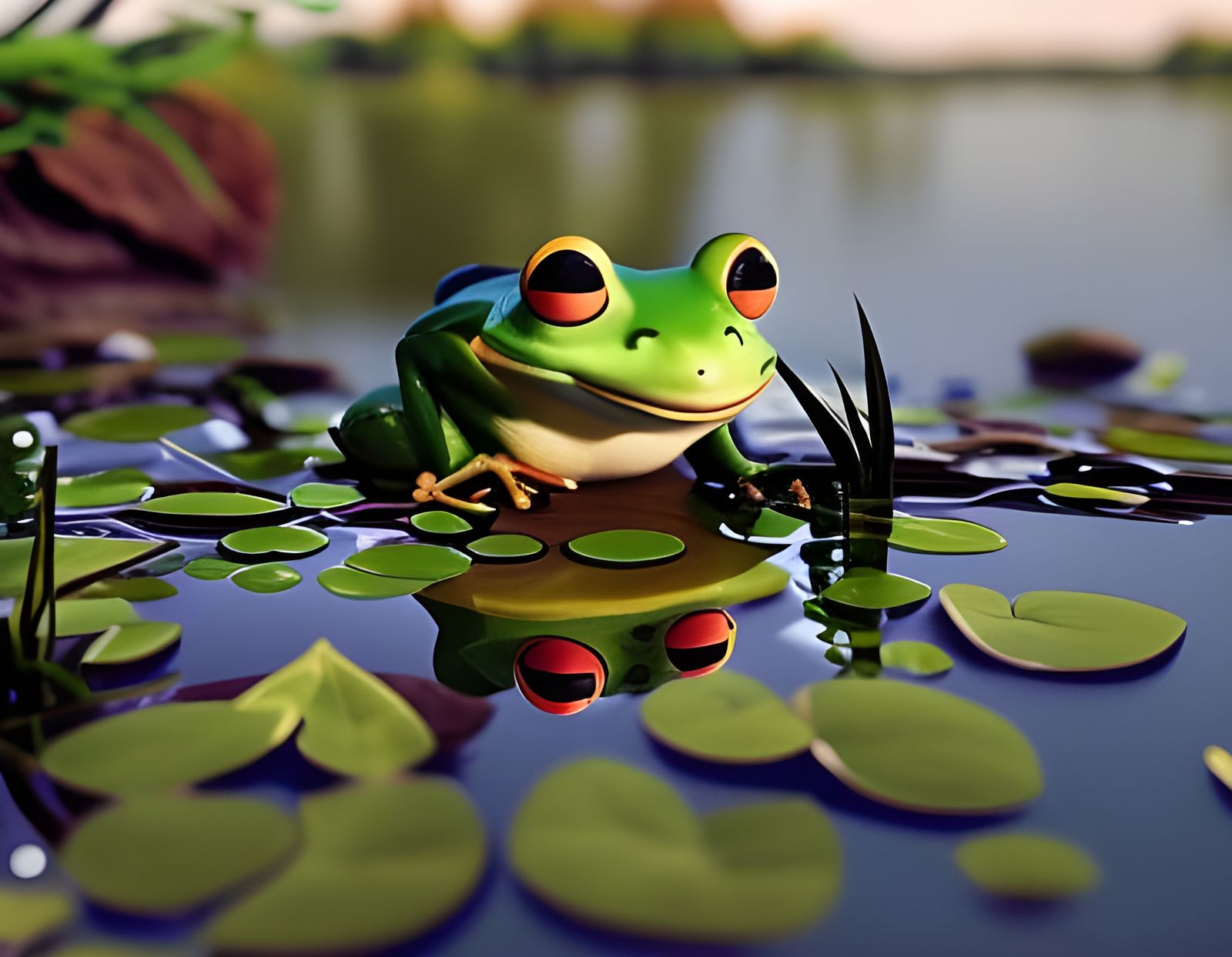 Cute Cartoon Frog on Lily Pad: 3D Render