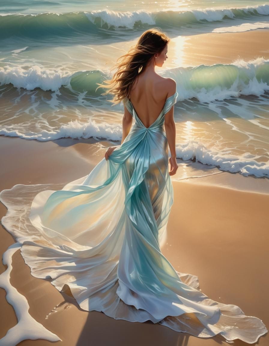 Coastal Woman in Flowing Gown: Oil Painting