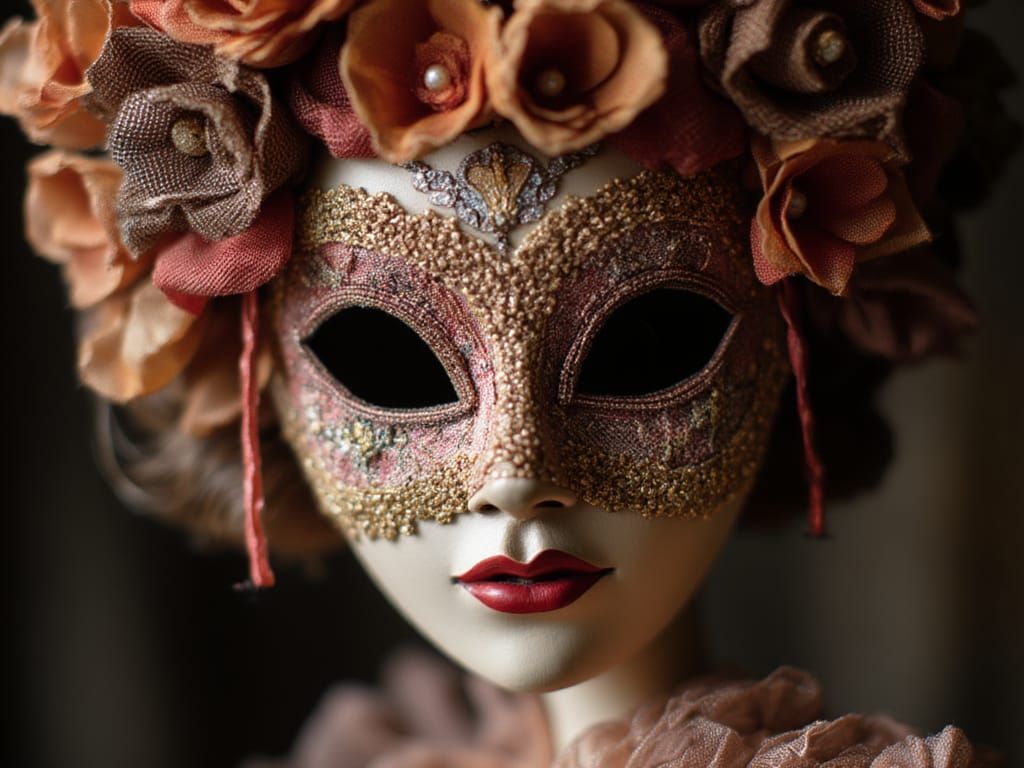 Sparkling Beaded Carnival Mask with Geisha Flowers