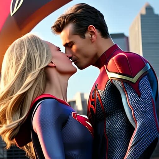 Supergirl and Spider-Man Share a Kiss
