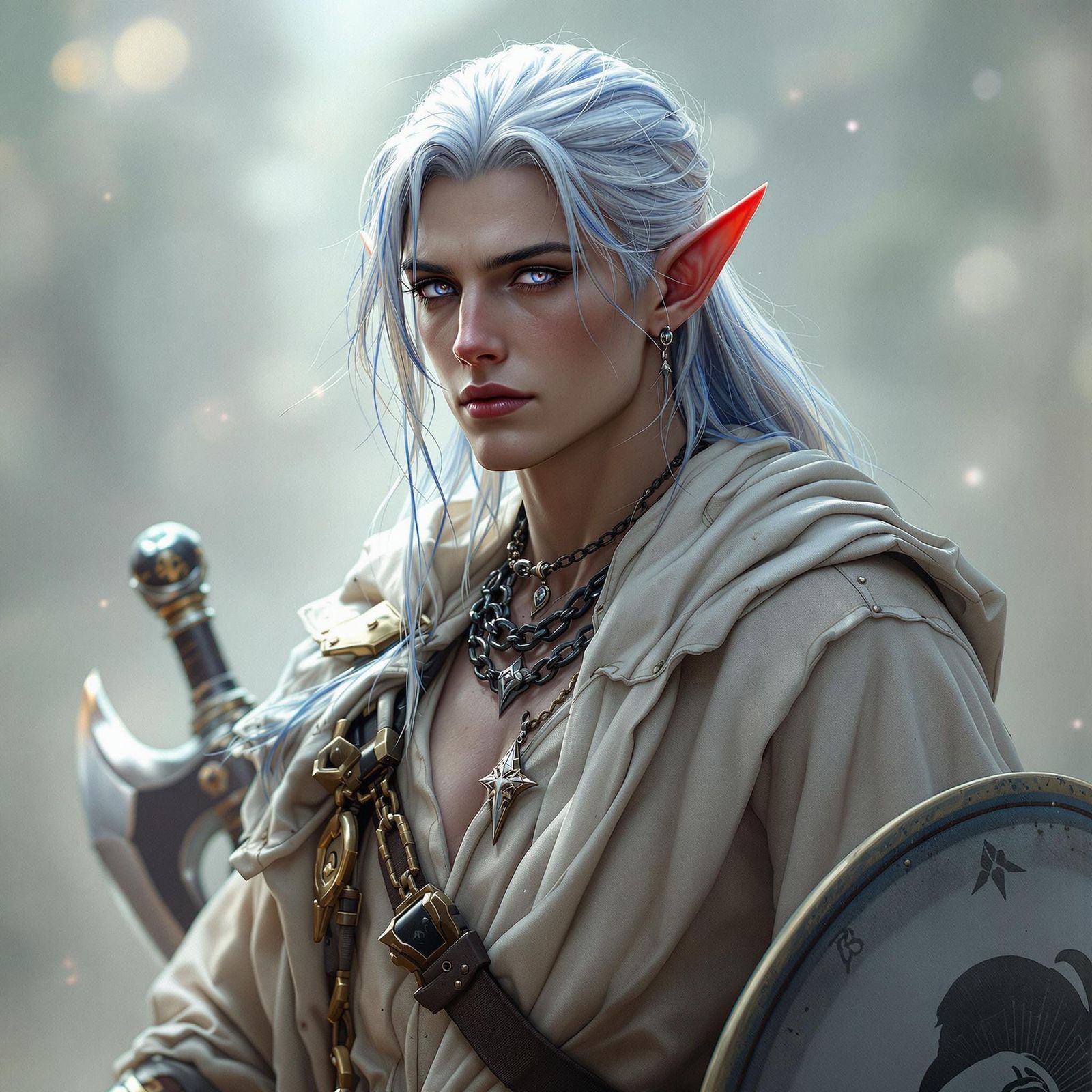 Photorealistic full-body picture of an elf male. Zadar Black, 42, presents a striking figure with alabaster skin. His ha...