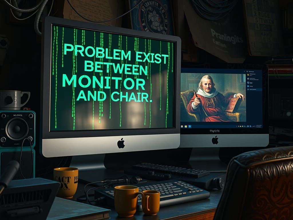 Humorous Computer Error Message in Nerdy Room