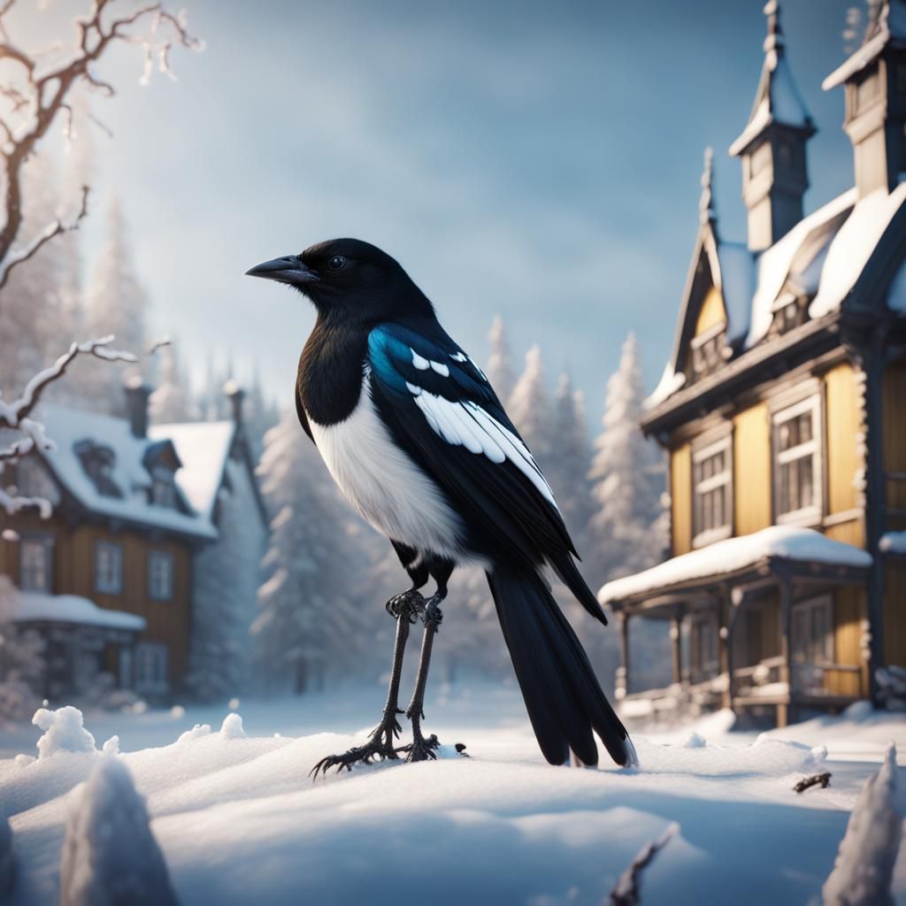 Magpie in Snowy Sweden: Detailed Matte Painting