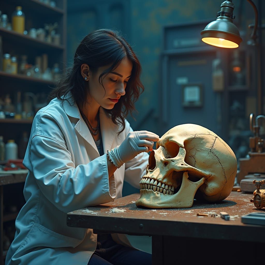 Woman Reconstructs Skull in Laboratory, Mystical Realism