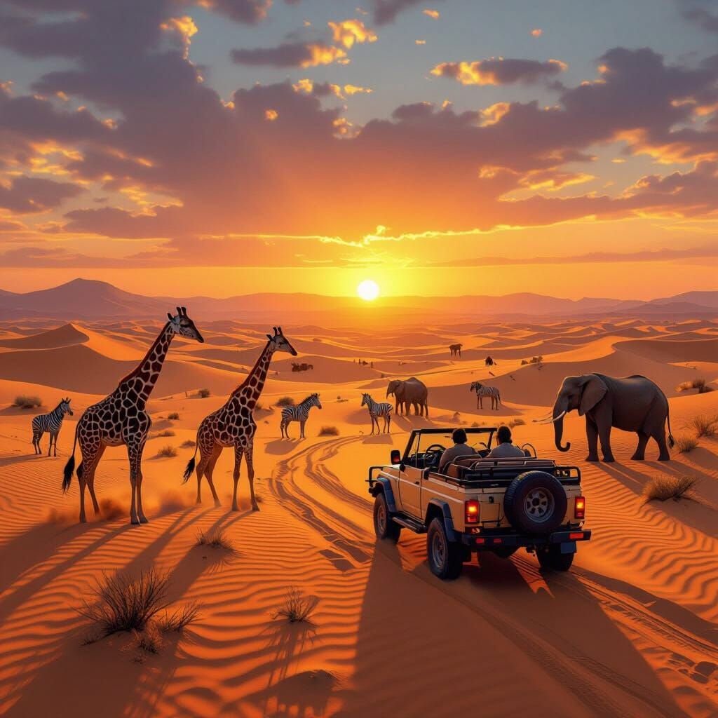 Safari Animals in Sun-Drenched Desert Landscape