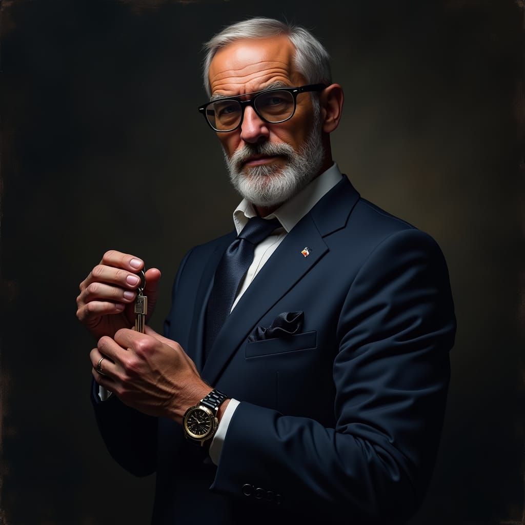 Man in Navy Suit with Porsche Keys in Digital Painting Style