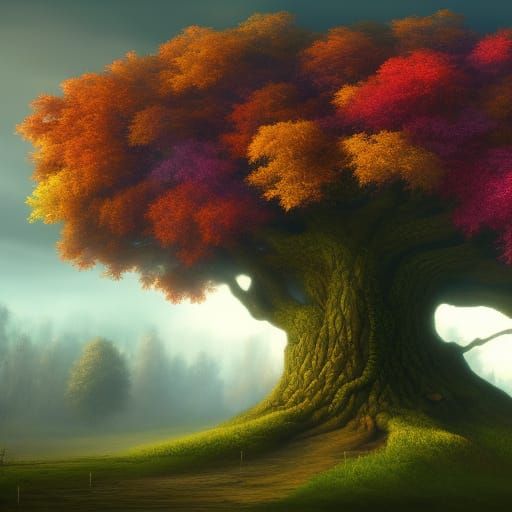 Fantastical Oak Tree Representing the Four Seasons