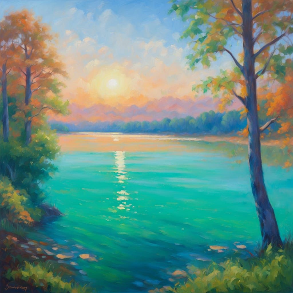 Impressionistic Oil Painting of a Forest River Shore