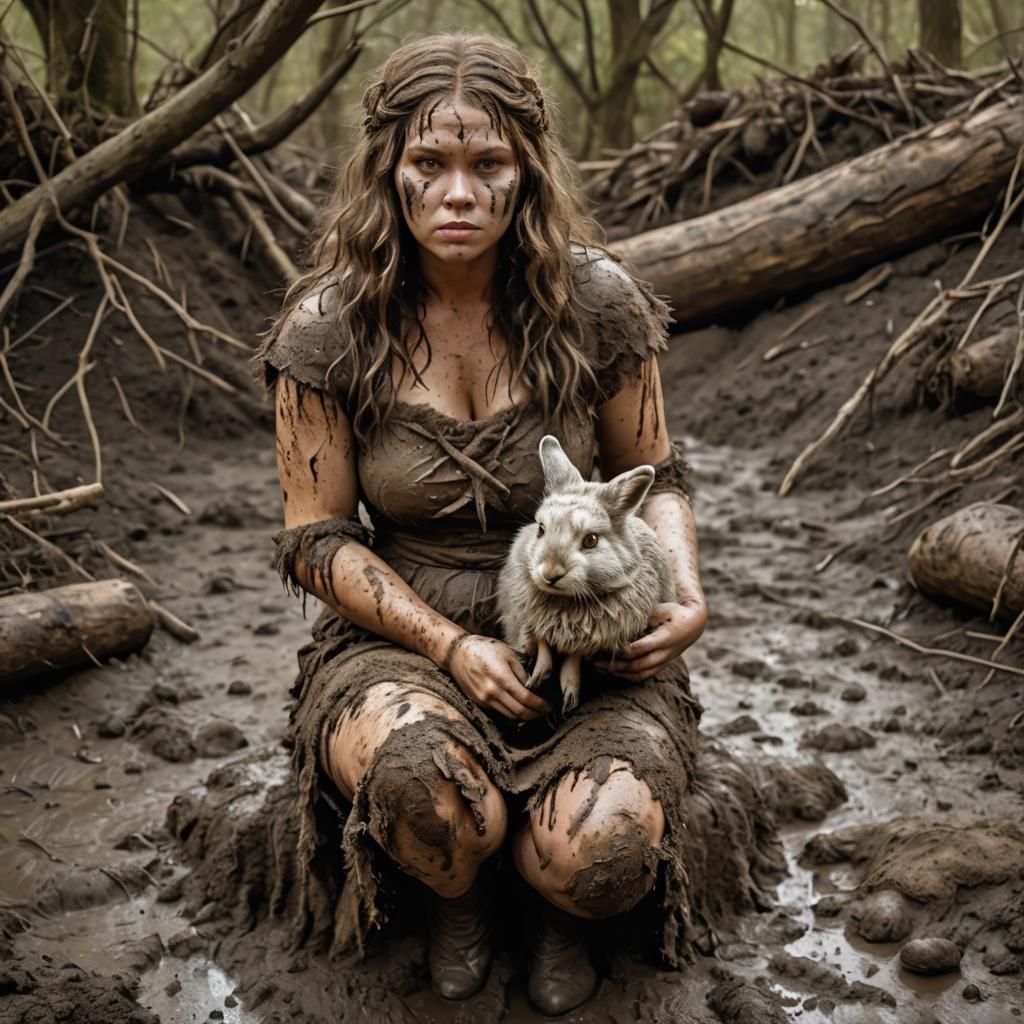 Chubby Cavewoman with Rabbit, Hyperrealistic Detail