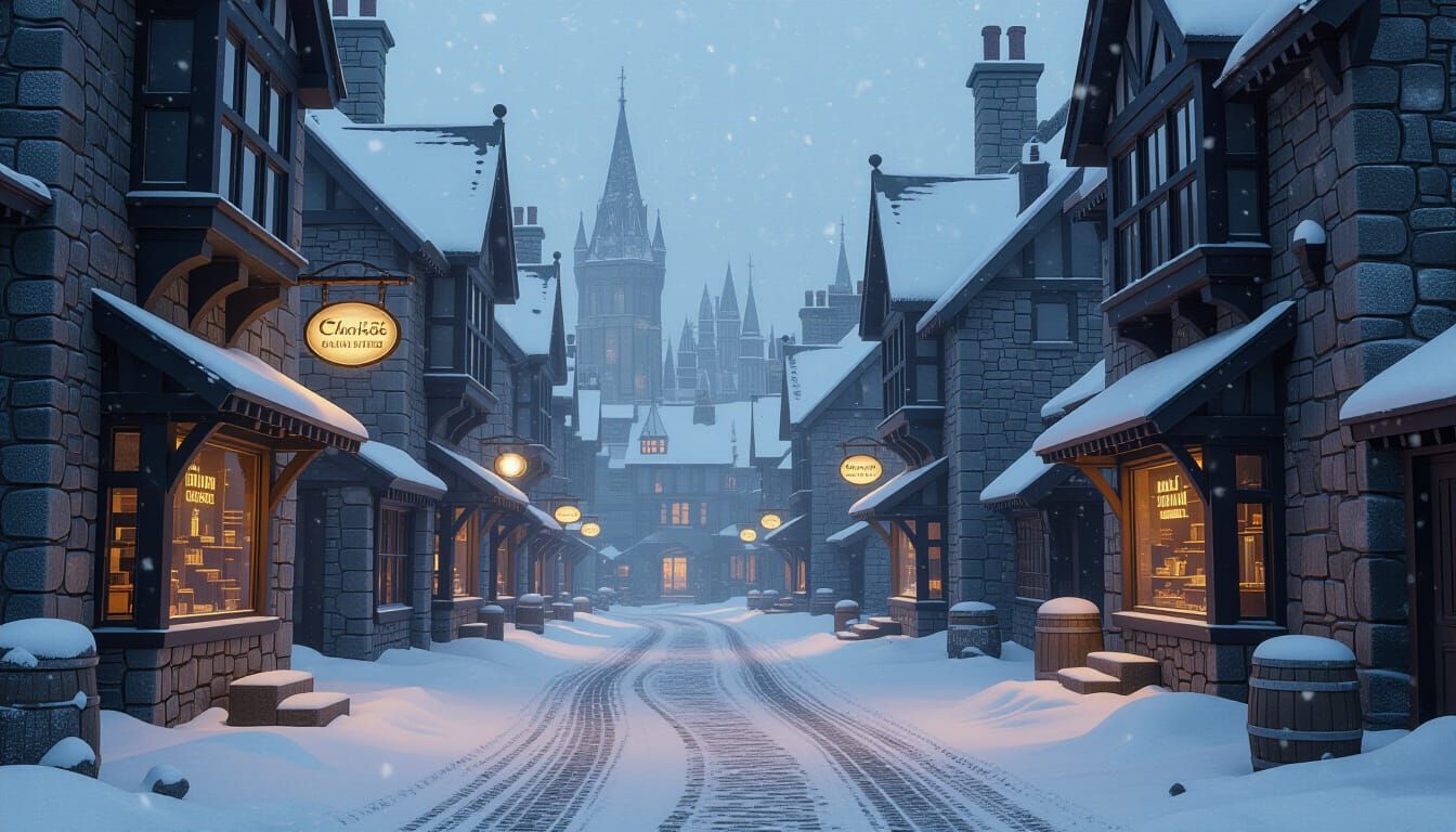 Snowy Ancient Street in Blizzard, Matte Painting Style