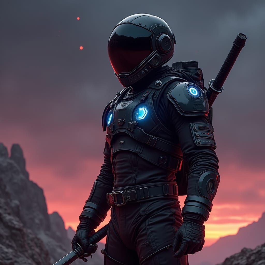Astronaut Ninja with Glowing Katana in Galaxy