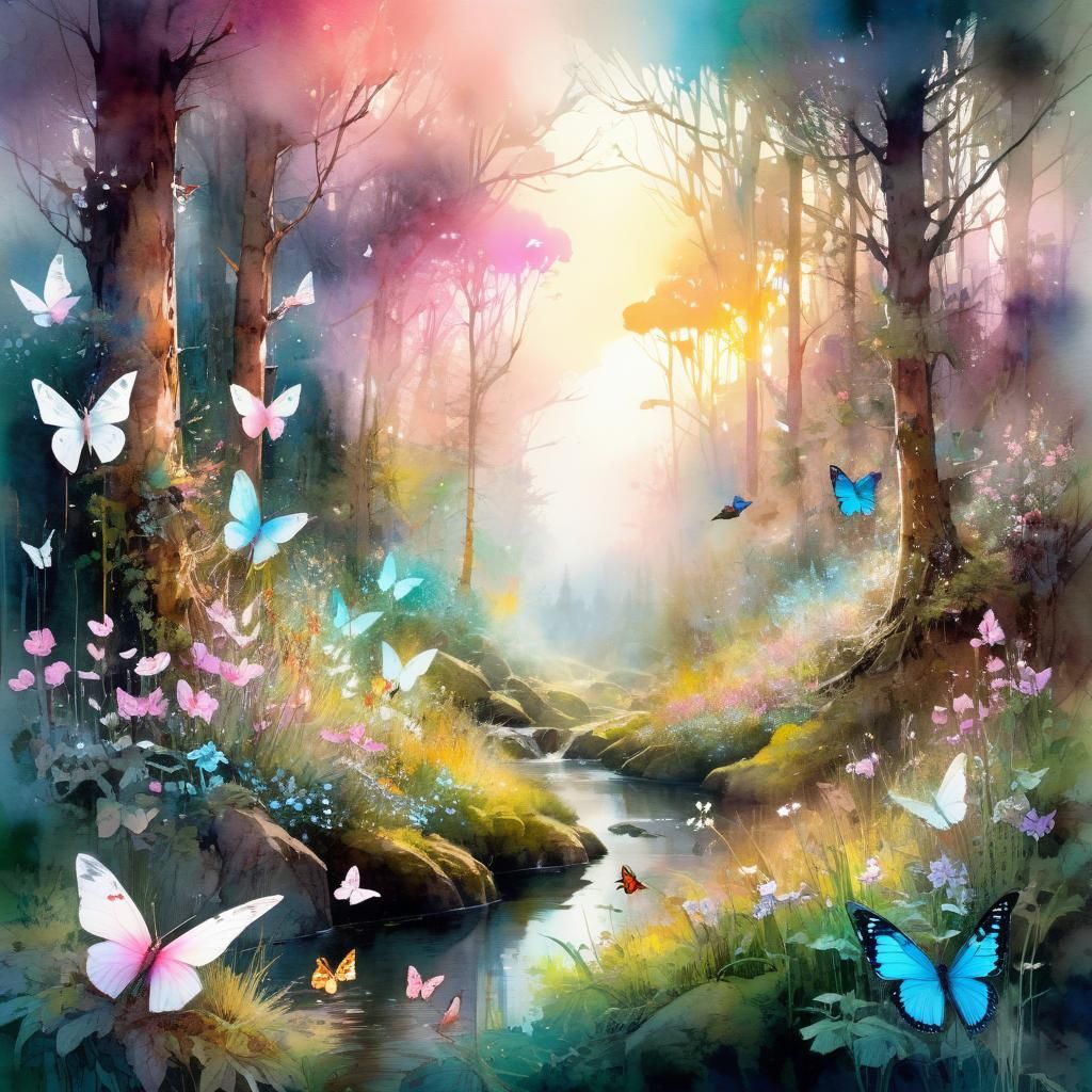Watercolor Forest Scene with Butterflies and Bunnies