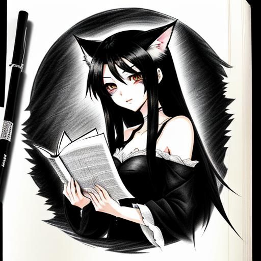 Cute Gothic Wolf-Girl in Manga Anime Style