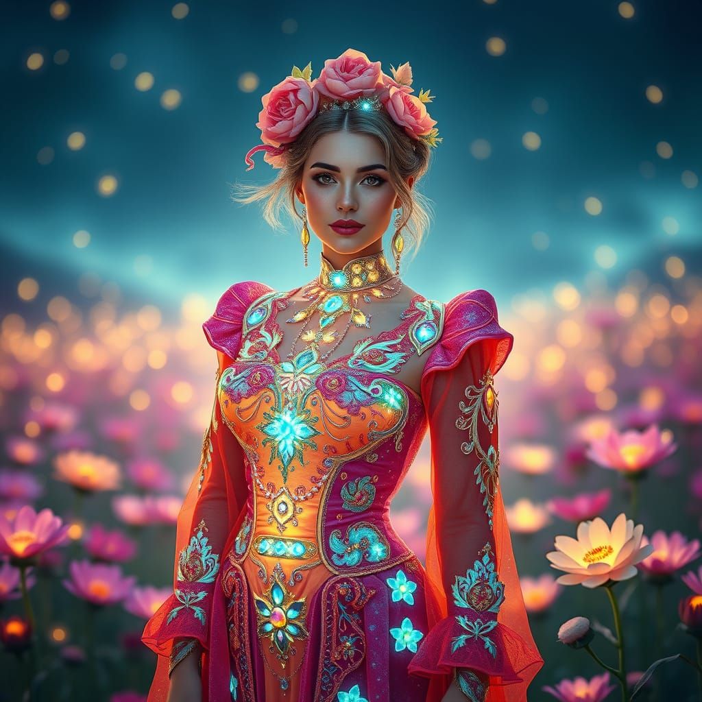 Bioluminescent Woman in Glowing Flower Field