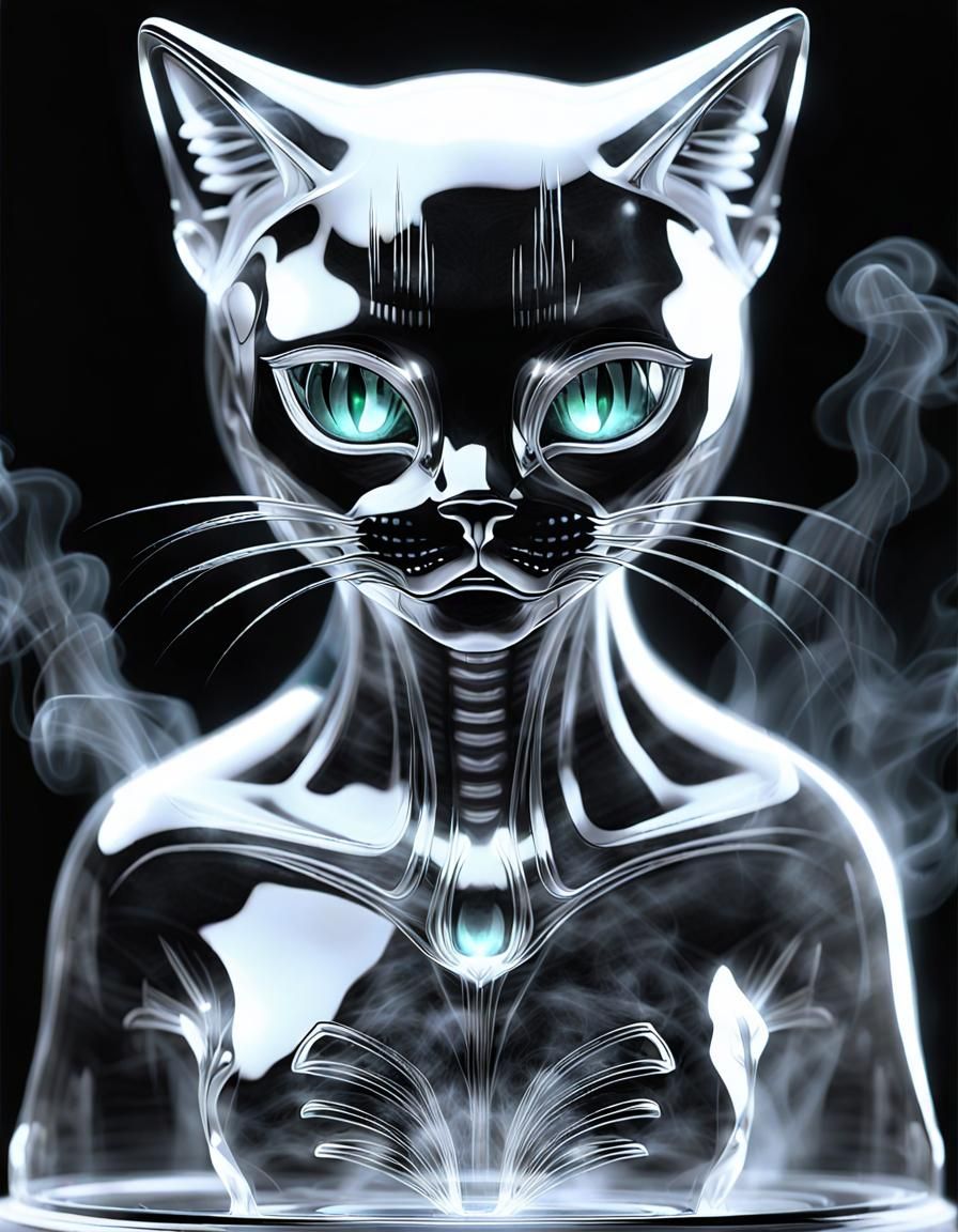 Crystalline Neko Emerges From Smoke, Airbrush Surrealism