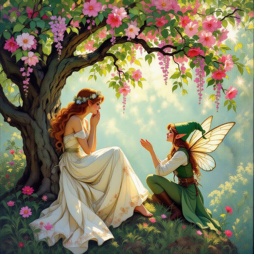 Whimsical Fairy in Tree, Art Nouveau Style