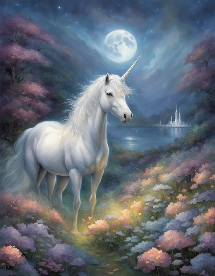Ethereal Unicorn in Moonlit Field of Glowing Flowers