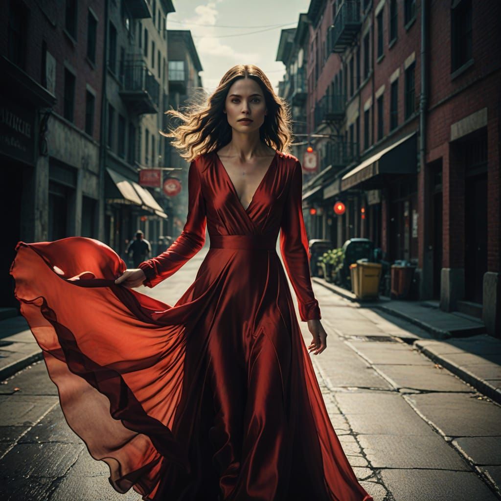 Silk flowing Red dress lady