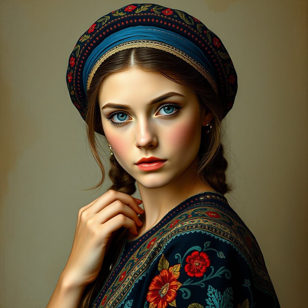 Young Russian Woman in Traditional Kokoshnik Headpiece