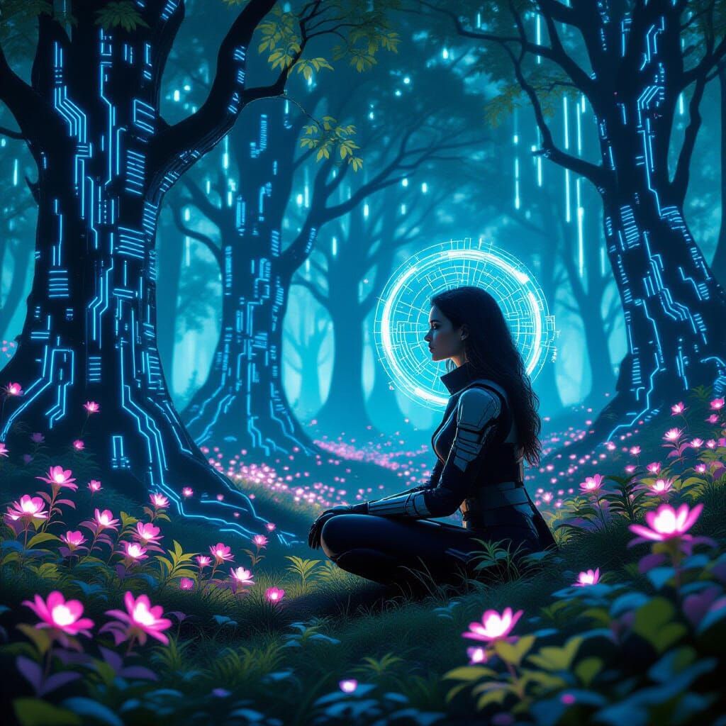 Futuristic Forest Woman with Holographic Aura