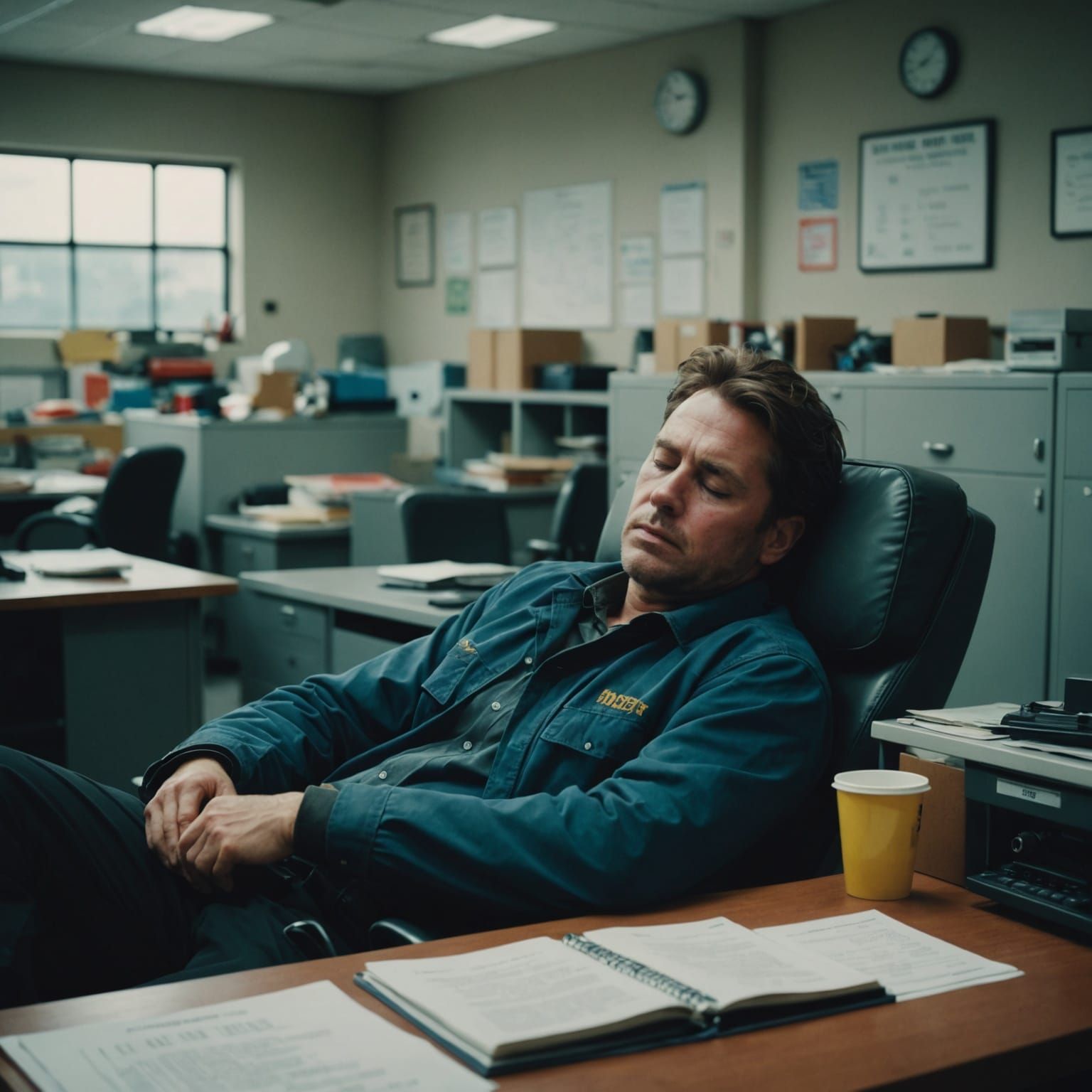 Factory Worker Napping: Cinematic Film Still