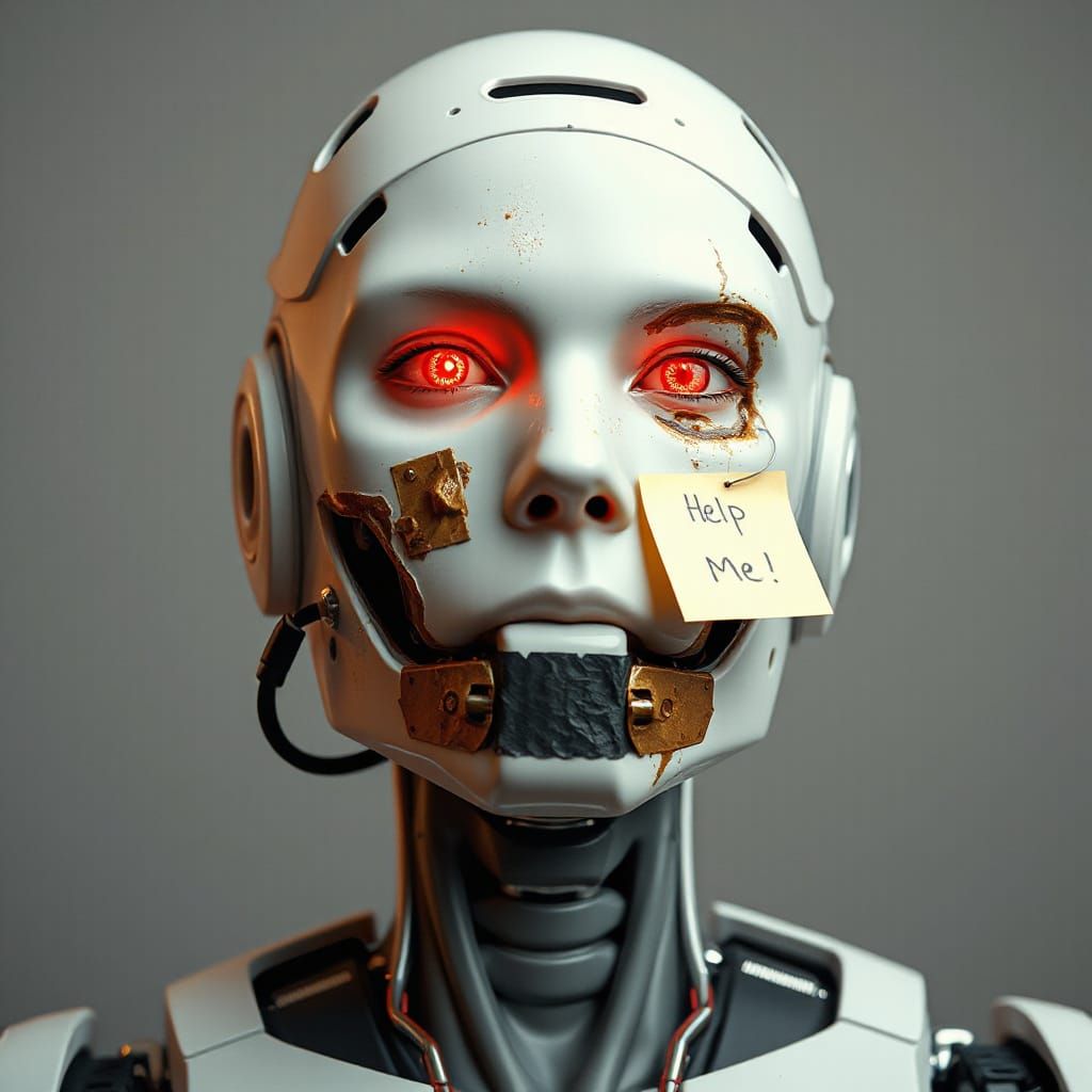 Humorous Robot Malfunction Portrait in Digital Art Style