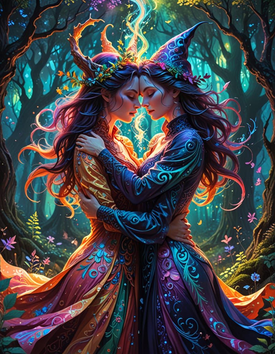 Two Witches Embrace in Magical Forest Digital Painting