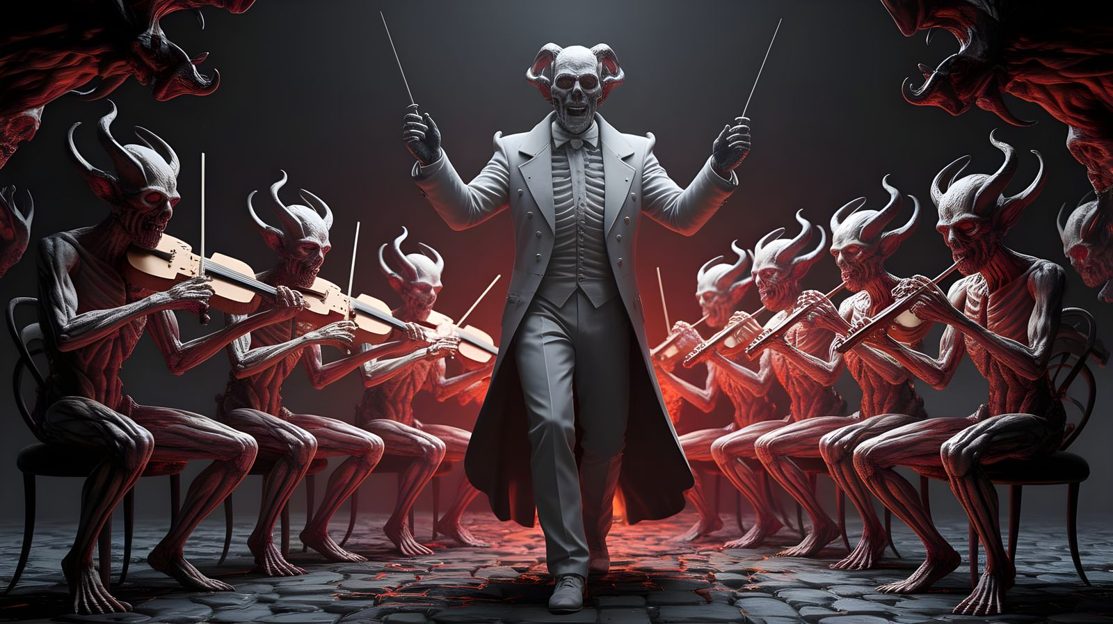 Demonic Orchestra in Fiery Abyss as Impasto Painting