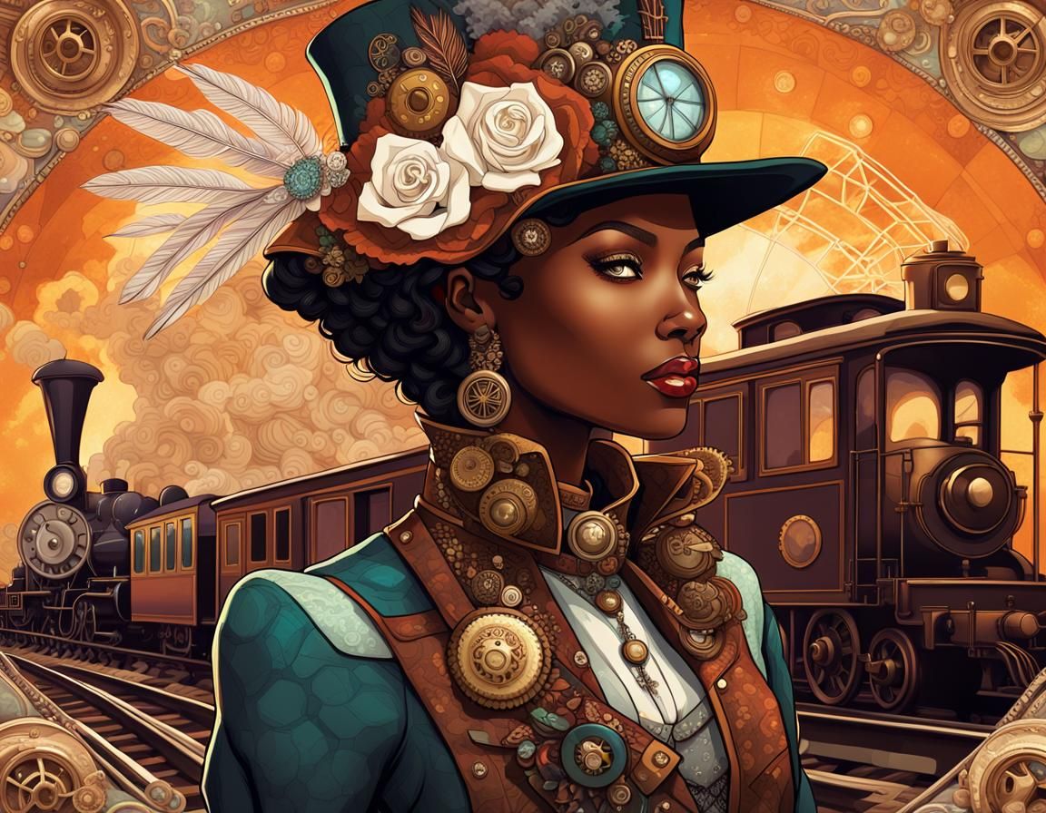 Steampunk Woman with Train: Detailed Fantasy Illustration