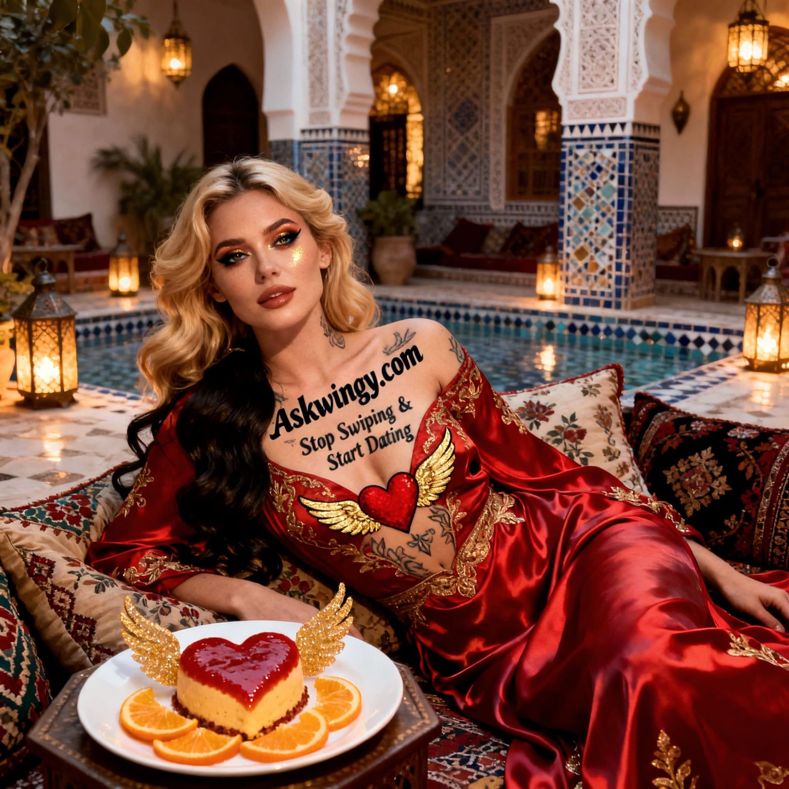 Blonde Woman in Crimson Gown in Moroccan Riad Courtyard