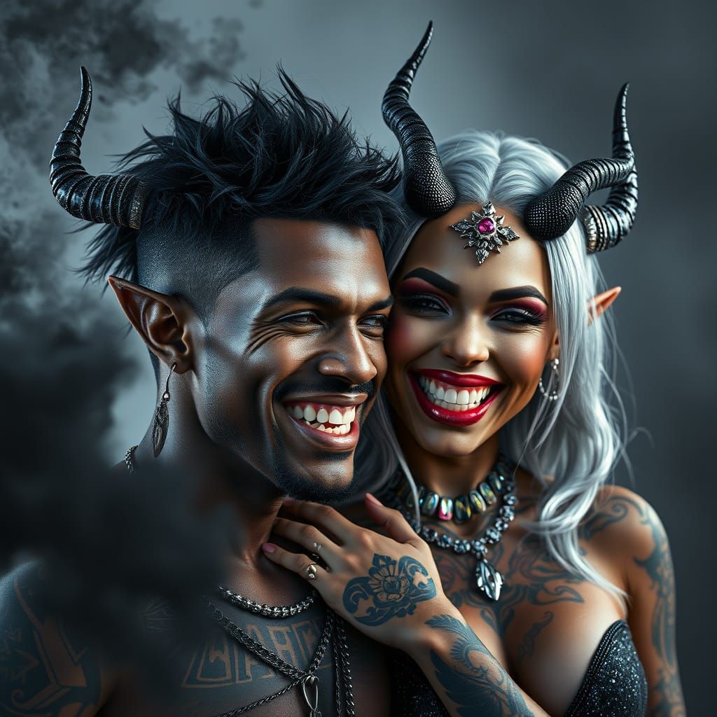 Dark Fantasy Couple in Glamorous, Cyberpunk-Inspired Digital...