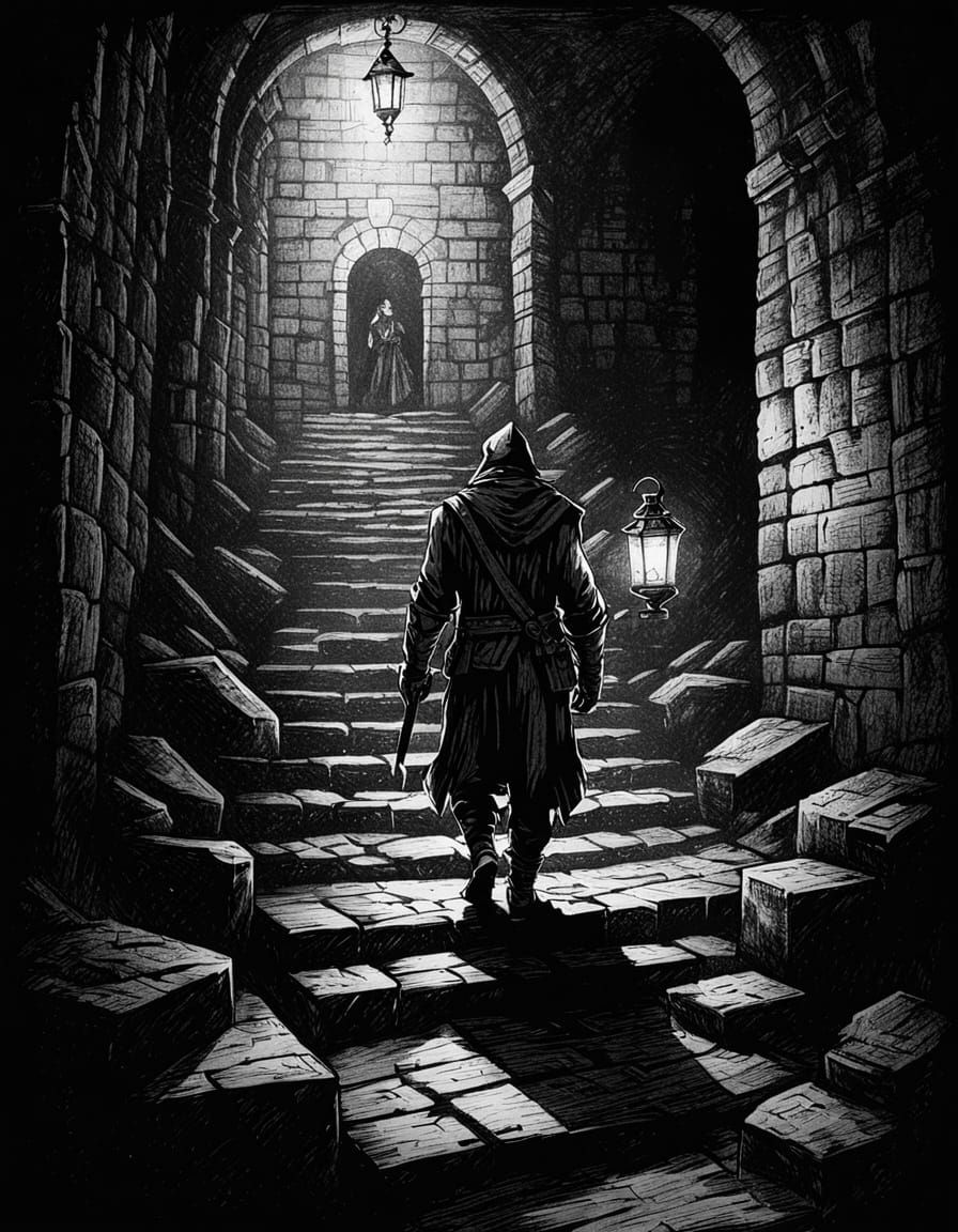 Explorer in Dark Dungeon with Lantern: Renaissance Illustrat...