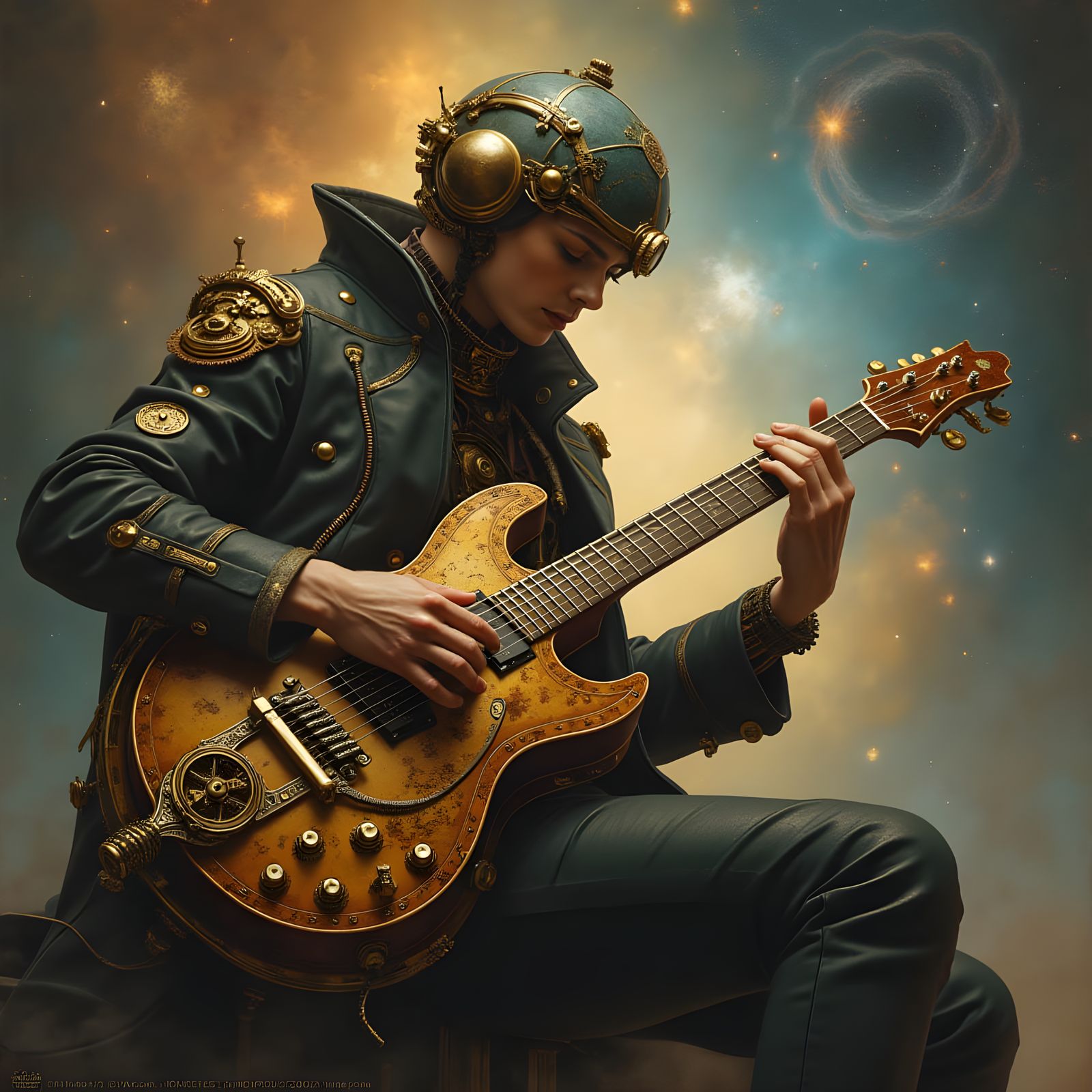 Steampunk Guitarist in a Galactic Setting