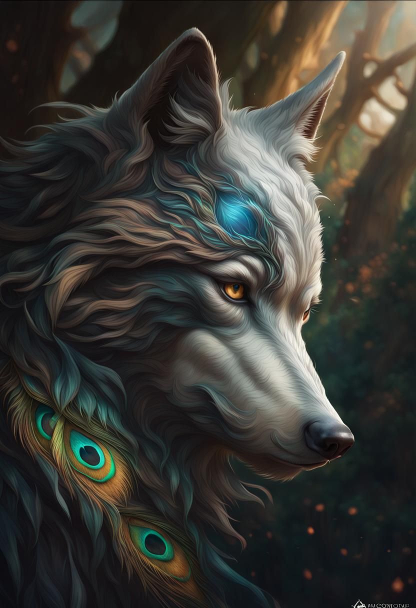 Wolf Peacock Hybrid Concept Art in 8K