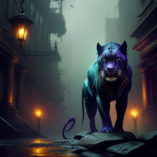 Mythical Panther Approaches Woman: Dark Fantasy Art